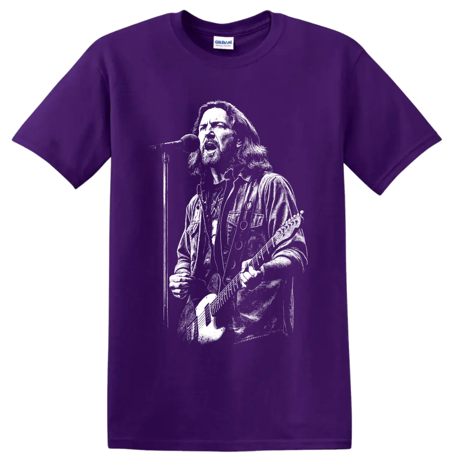 Monochrome Eddie Vedder guitar portrait in bold high-contrast rock illustration on a Purple T Shirt