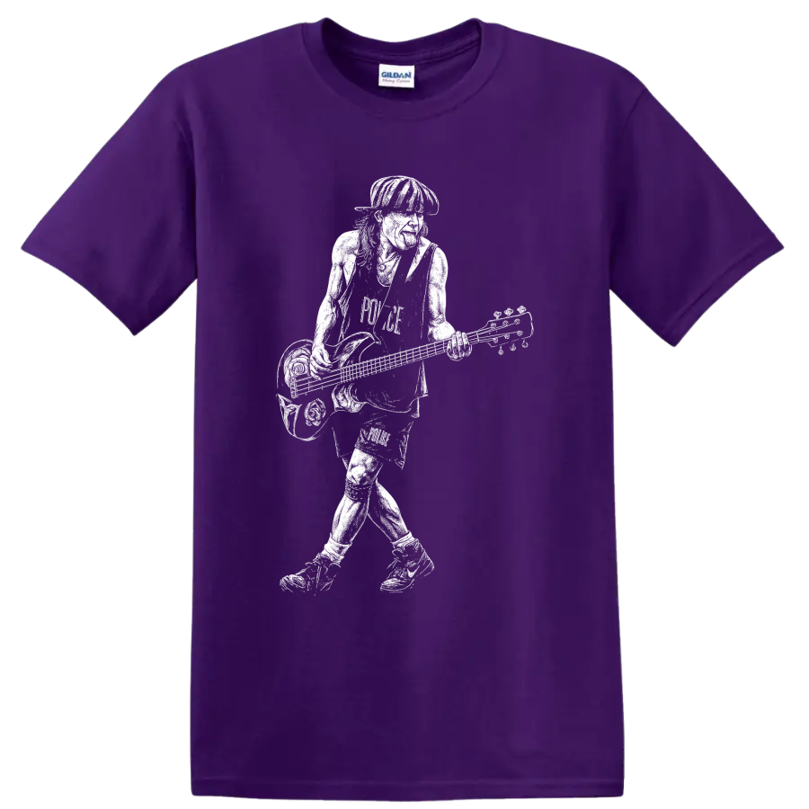 Flea playing bass in a bold white musician silhouette graphic on a Purple T Shirt