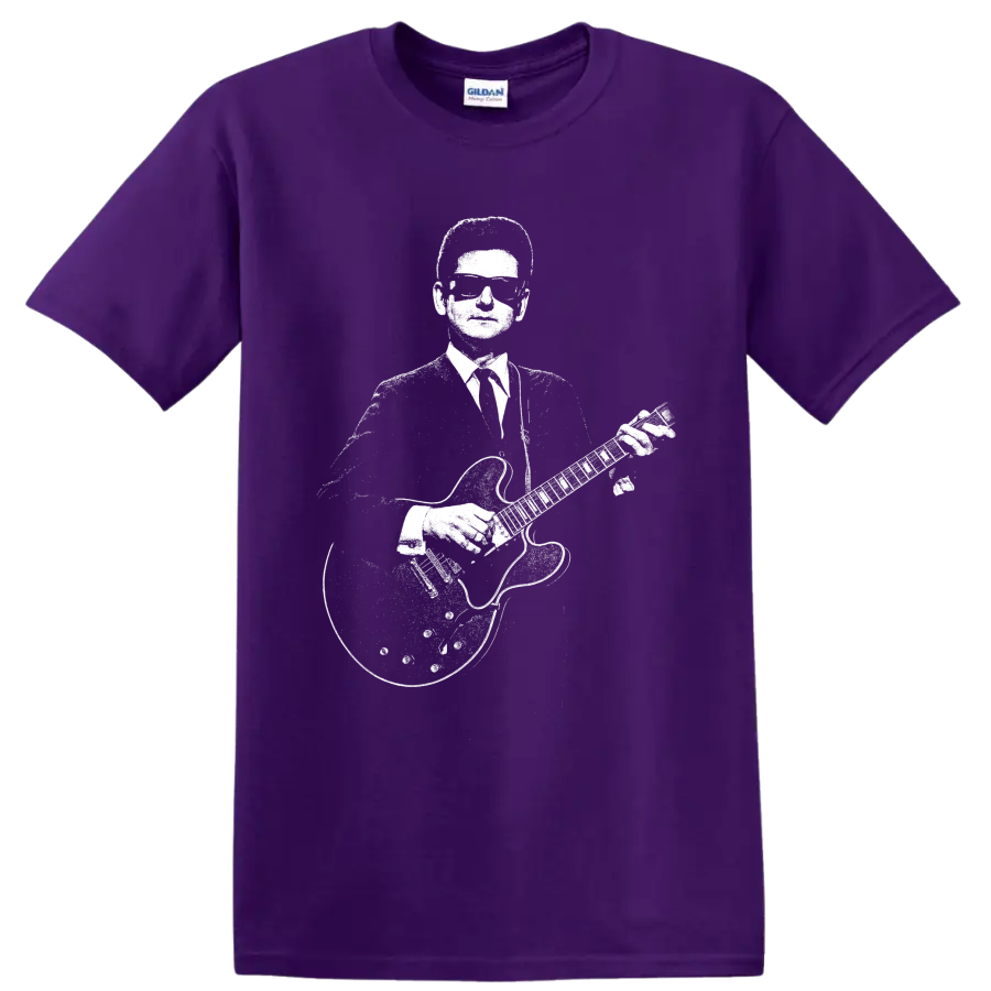 Roy Orbison-style high-contrast guitar portrait in vintage rock and roll graphic art on a Purple T Shirt