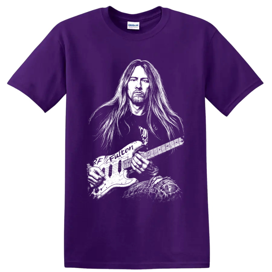Jerry Cantrell monochrome portrait in a high-contrast grunge rock poster style on a Purple T Shirt