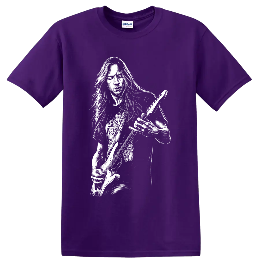 High-contrast Jerry Cantrell guitarist portrait holding a guitar in rock poster style on a Purple T Shirt