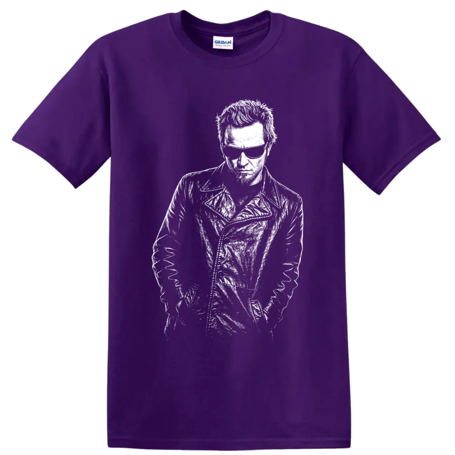 High-contrast monochrome Layne Staley portrait in Alice in Chains grunge style on a Purple T Shirt