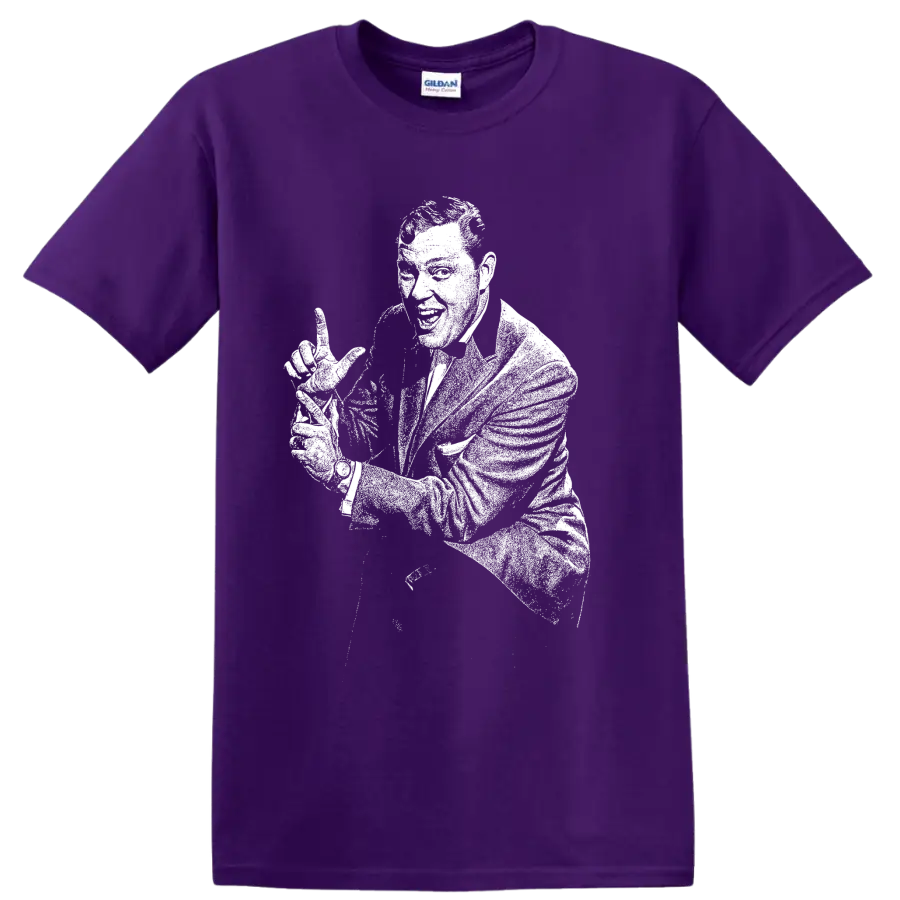 High-contrast vintage-style Bill Haley portrait with guitar on a Purple T Shirt