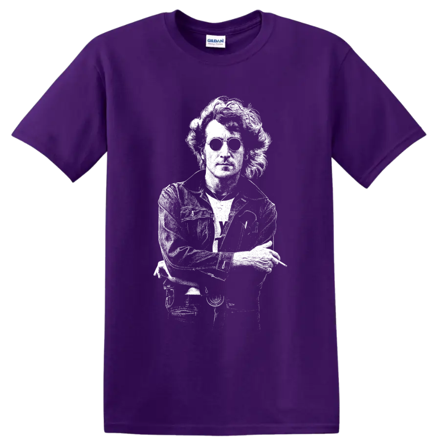 White John Lennon guitar portrait in bold stencil-style British rock artwork on a Purple T Shirt
