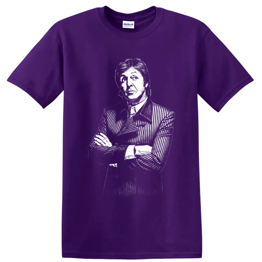 High-contrast monochrome portrait graphic of Paul McCartney of The Beatles on a Purple T Shirt