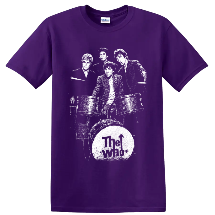 High-contrast portrait collage of The Who band members on a Purple T Shirt