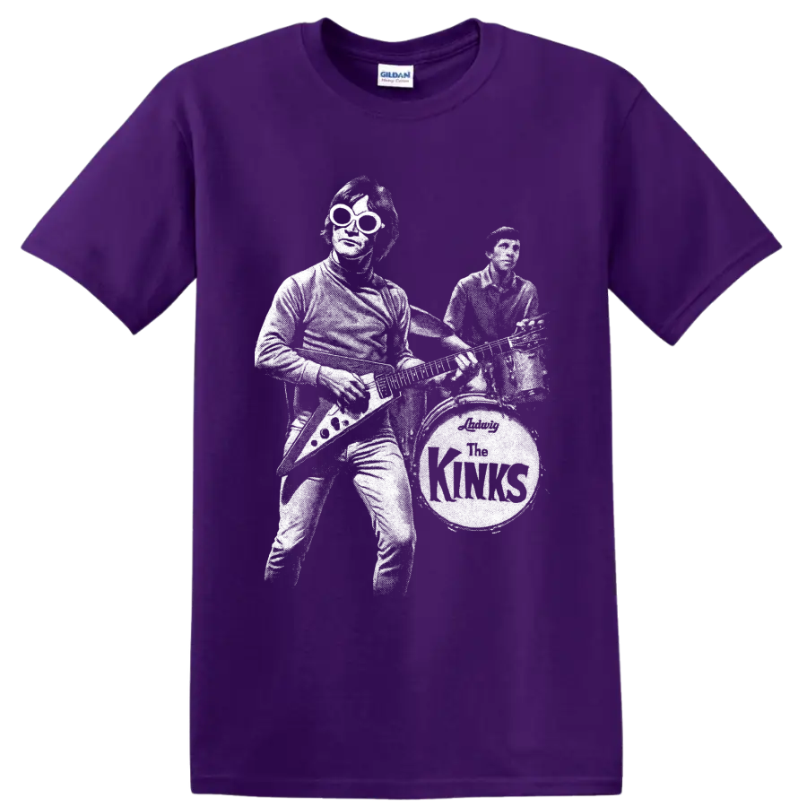 High-contrast white portrait graphic of The Kinks Dave Davies and Mick Avory on a Purple T Shirt