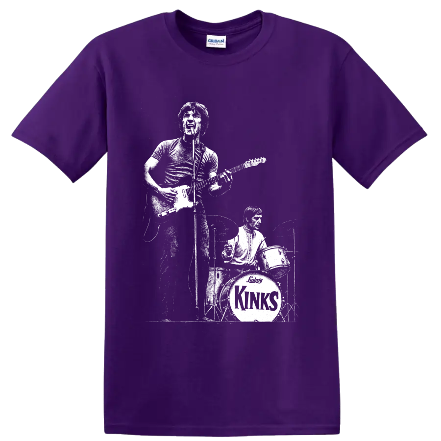 Monochrome The Kinks Ray Davies and Mick Avory guitar and drums performance graphic on a Purple T Shirt
