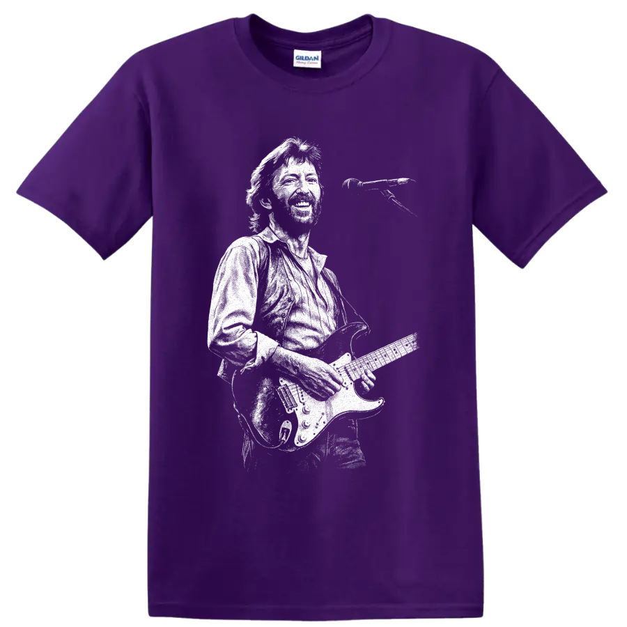Eric Clapton guitarist silhouette with electric guitar in bold monochrome style on a Purple T Shirt