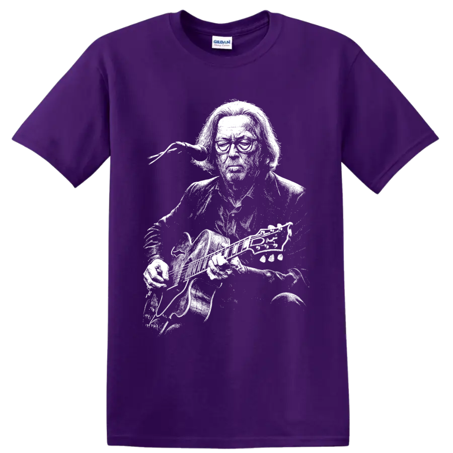 High-contrast Eric Clapton guitarist portrait with electric guitar on a Purple T Shirt
