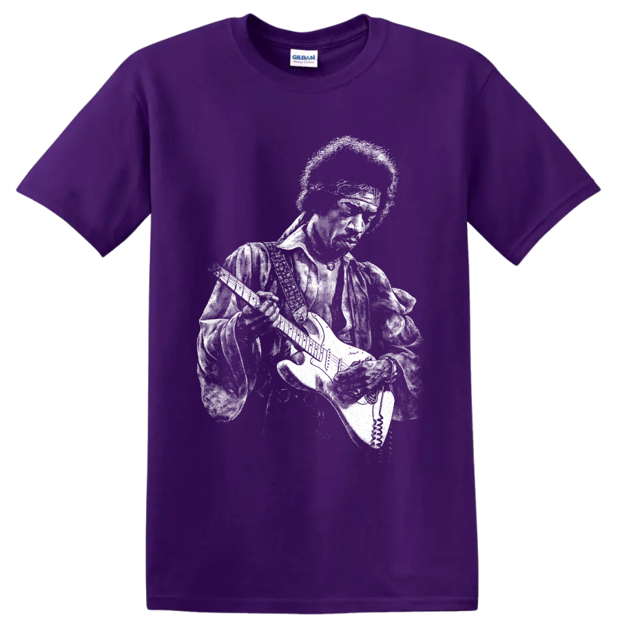 High-contrast Jimi Hendrix guitarist portrait in vintage rock poster style on a Purple T Shirt