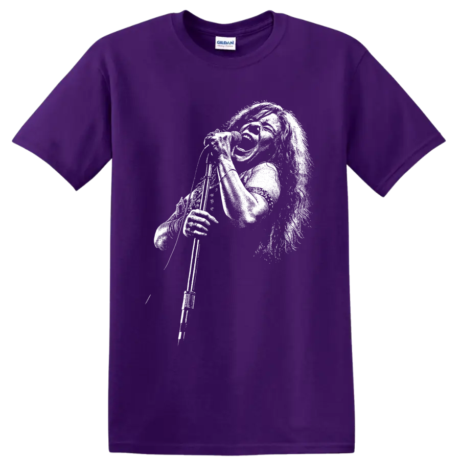 Janis Joplin monochrome portrait in a bold rock and blues music graphic style on a Purple T Shirt
