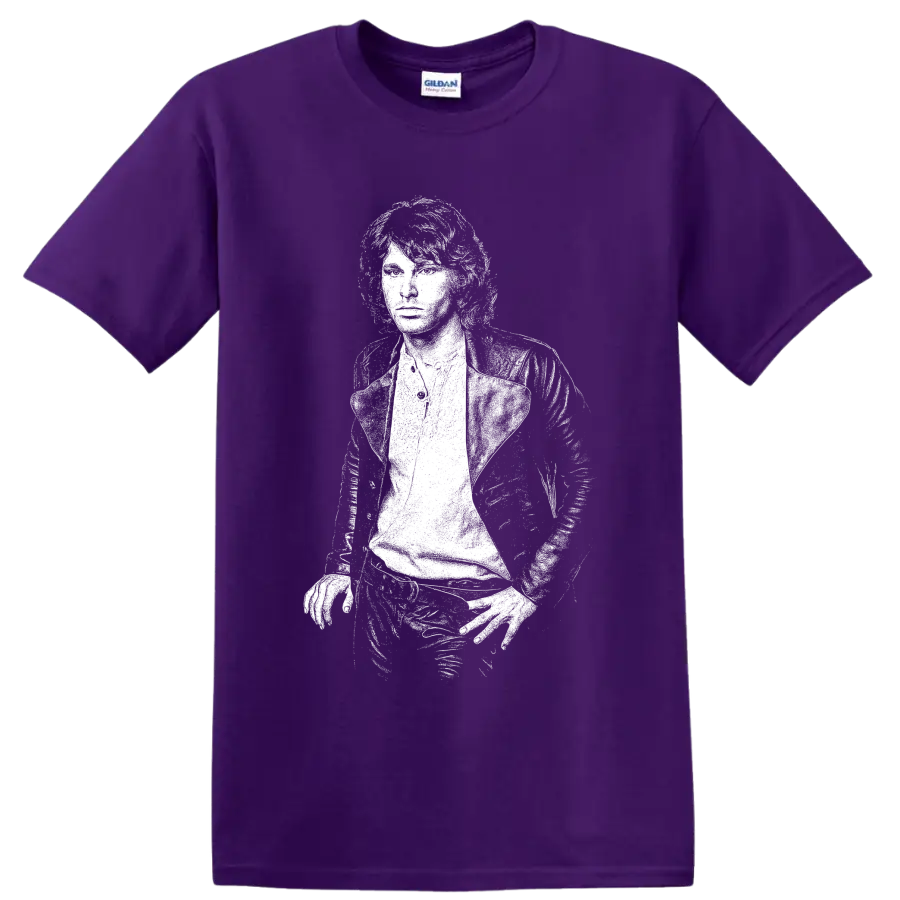 High-contrast white Jim Morrison portrait graphic inspired by The Doors on a Purple T Shirt
