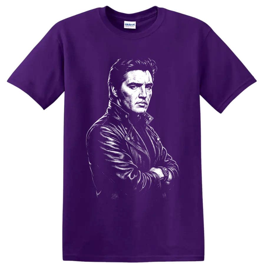 Elvis Presley black-and-white vintage-style rock and roll portrait graphic on a Purple T Shirt