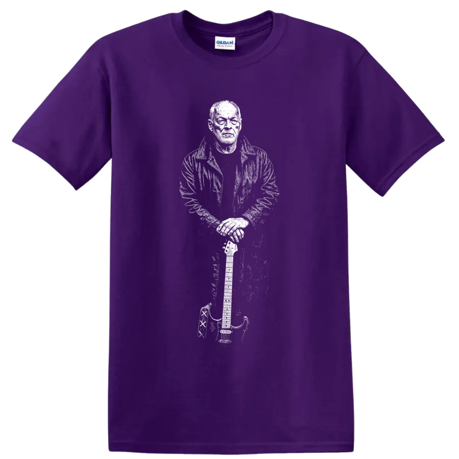 High-contrast David Gilmour guitarist portrait in a bold monochrome rock graphic style on a Purple T Shirt