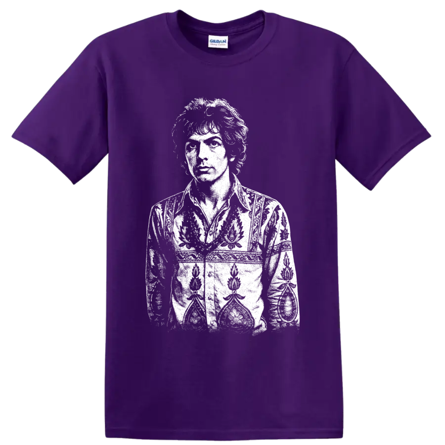 High-contrast black-and-white Mick Jagger portrait in a bold rock music graphic style on a Purple T Shirt