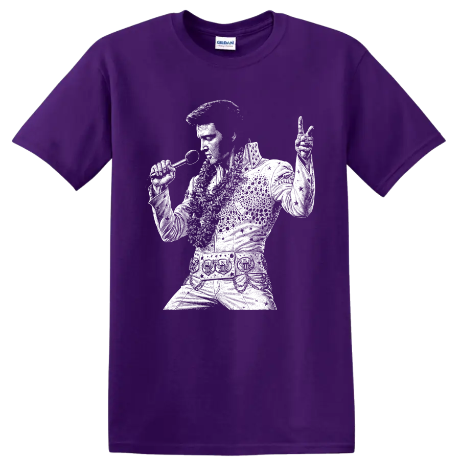 Elvis Presley performing with microphone in bold white rock and roll silhouette on a Purple T Shirt