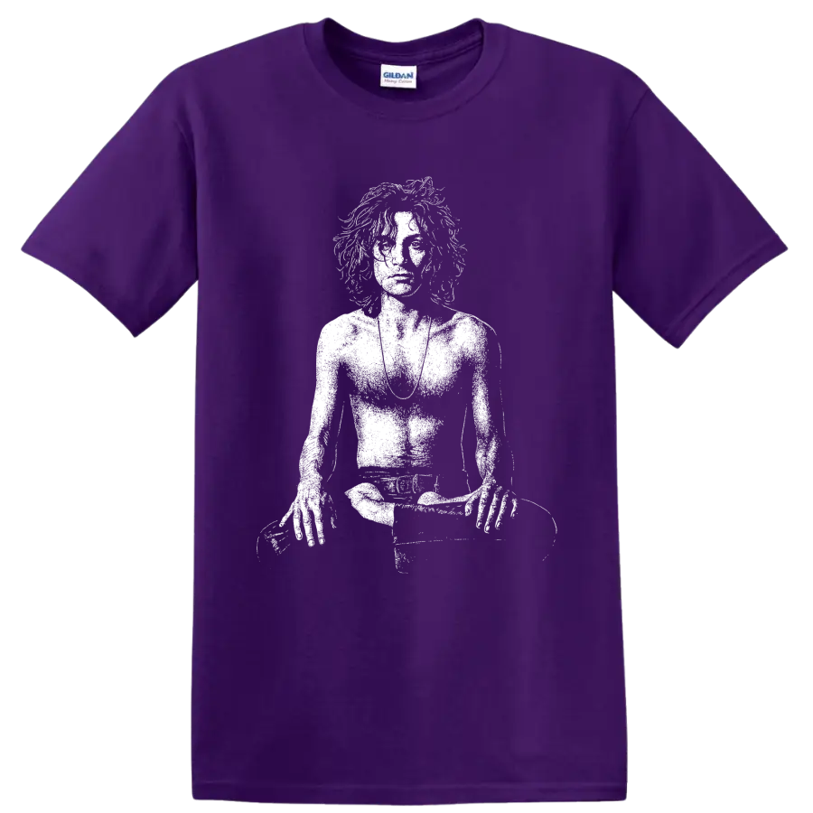 High-contrast Syd Barrett portrait graphic in a bold monochrome rock art style on a Purple T Shirt