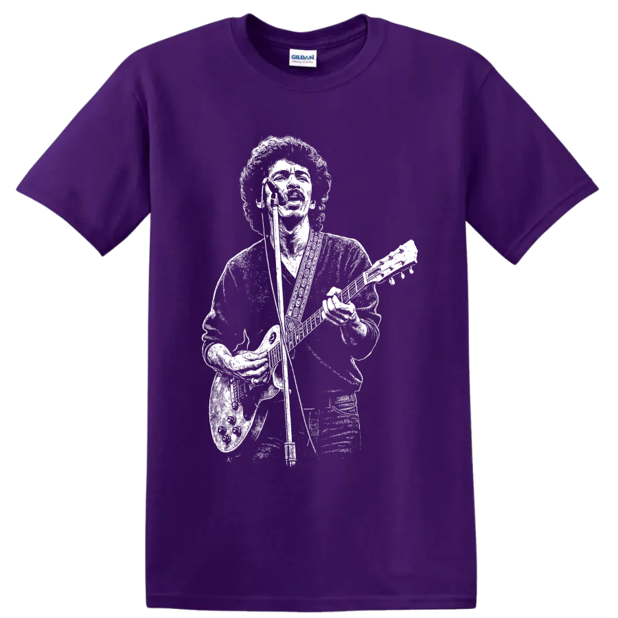 Carlos Santana seated guitarist portrait in high-contrast monochrome illustration on a Purple T Shirt