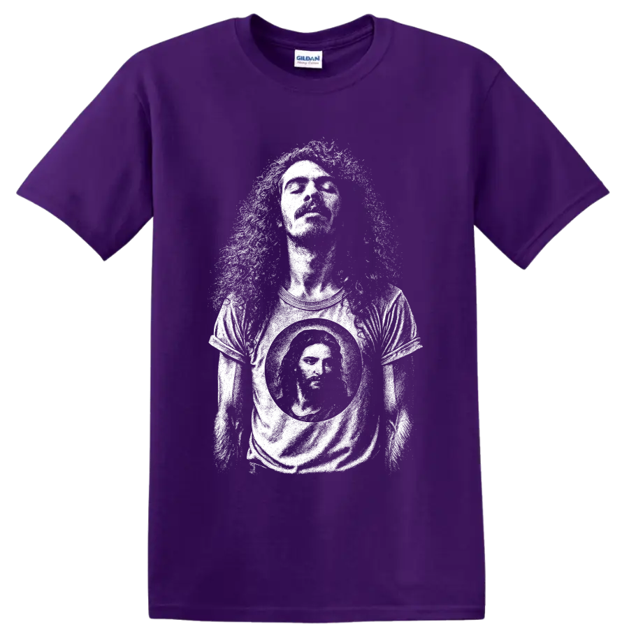 Carlos Santana guitarist silhouette graphic in a bold minimalist concert style on a Purple T Shirt