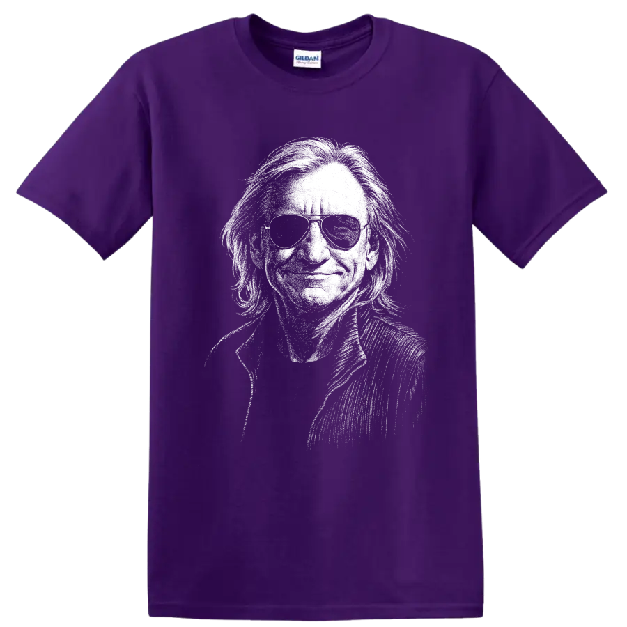High-contrast monochrome Joe Walsh guitarist portrait holding a guitar on a Purple T Shirt