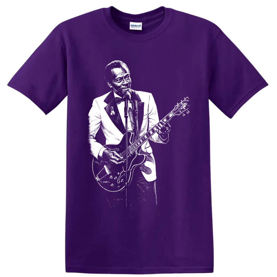 Chuck Berry playing guitar in a bold vintage-inspired white silhouette graphic on a Purple T Shirt