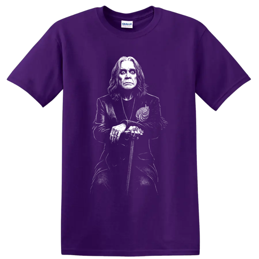 Ozzy Osbourne Black Sabbath inspired monochrome singer portrait illustration on a Purple T Shirt