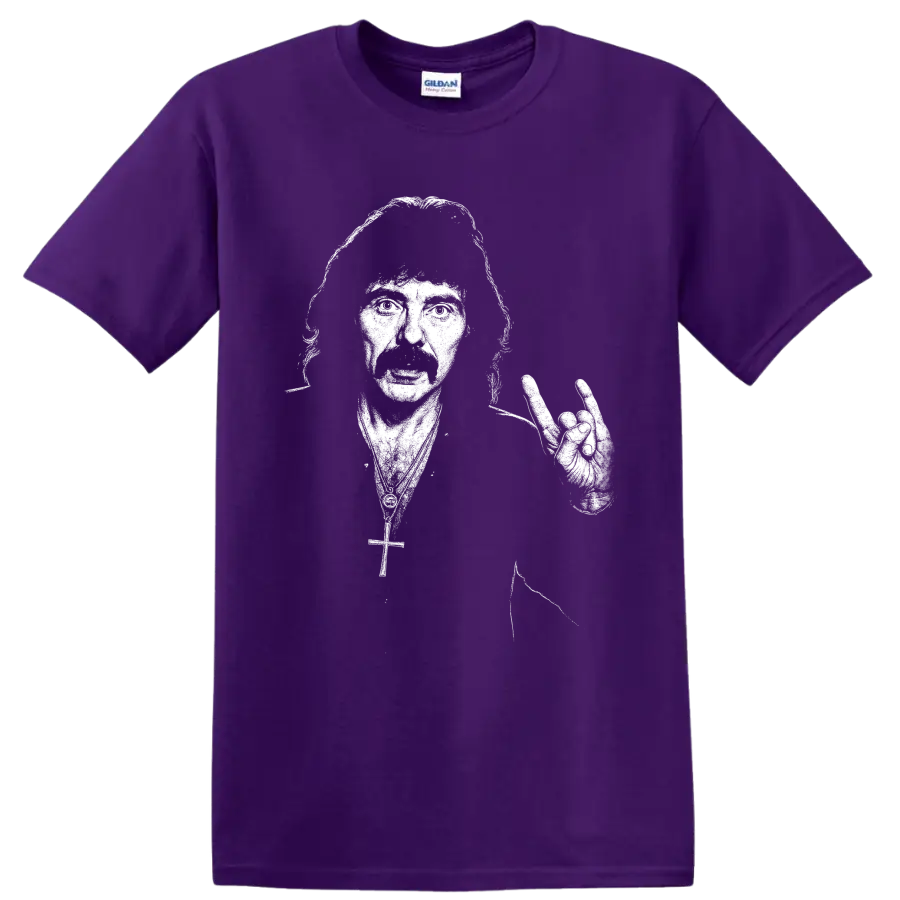Tony Iommi Black Sabbath guitarist silhouette with electric guitar on a Purple T Shirt