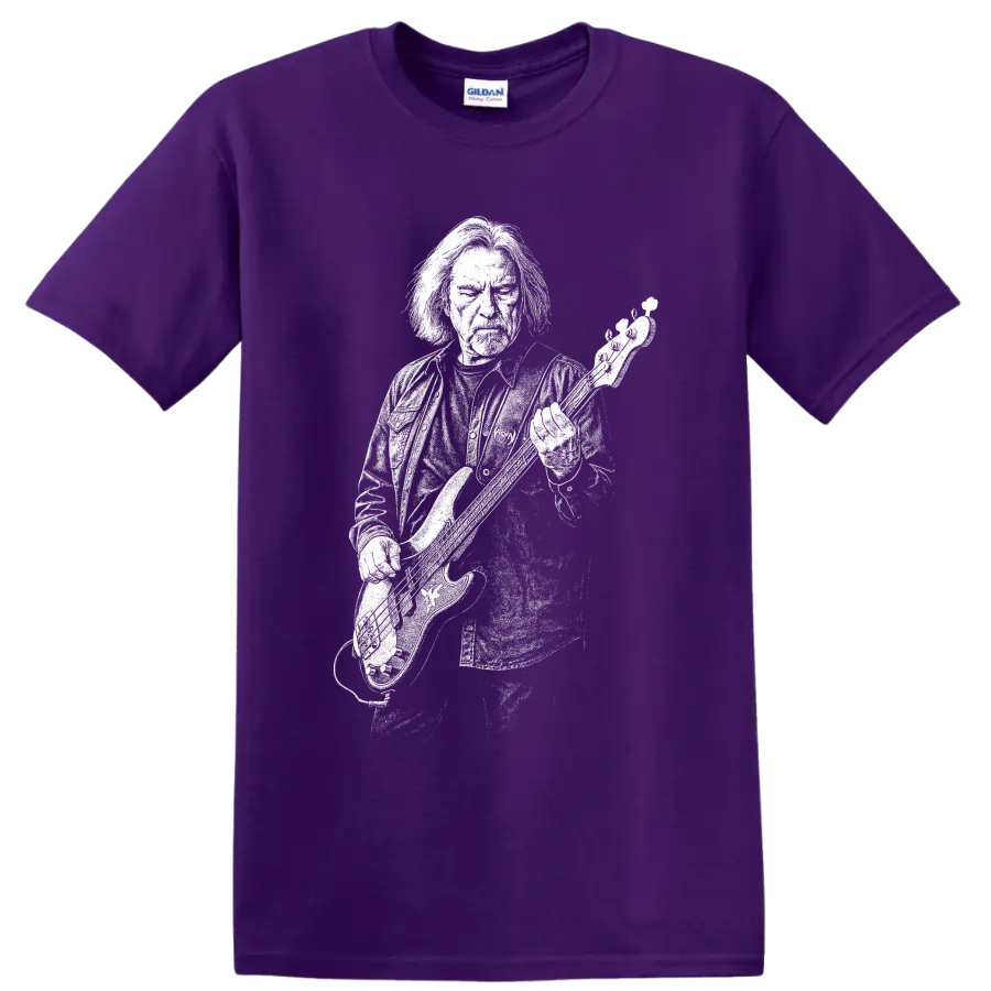 Monochrome Geezer Butler bass guitar performance silhouette graphic on a Purple T Shirt