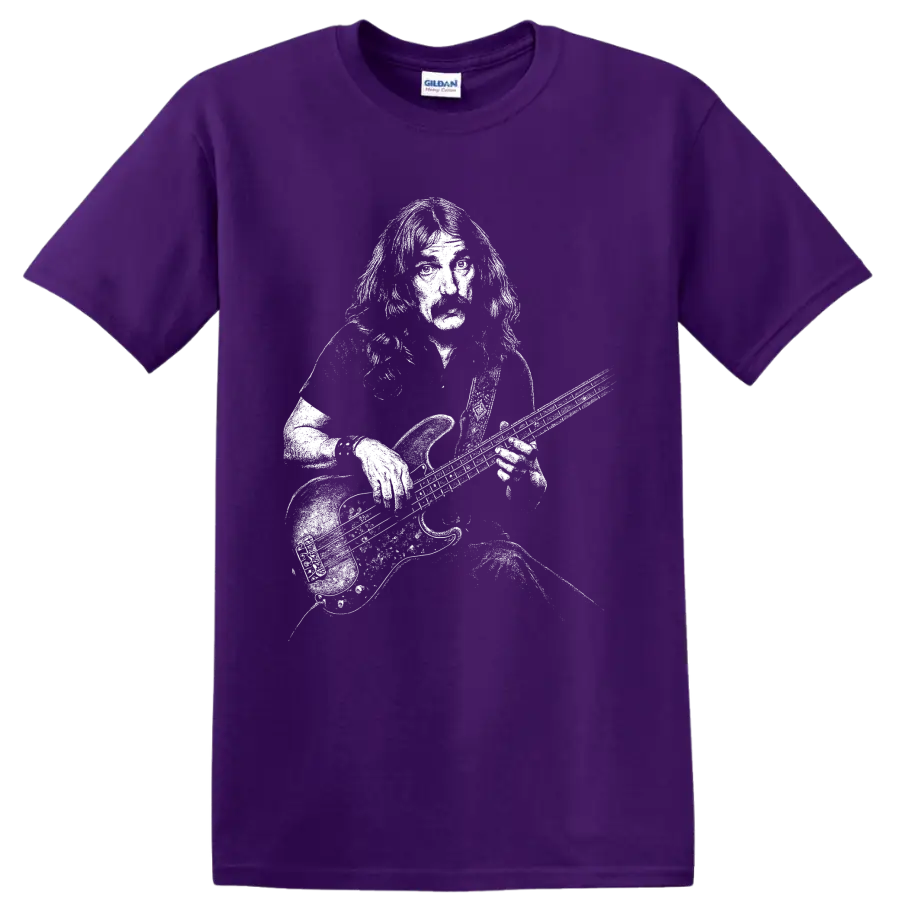 Geezer Butler Black Sabbath bassist portrait in bold black-and-white rock art on a Purple T Shirt