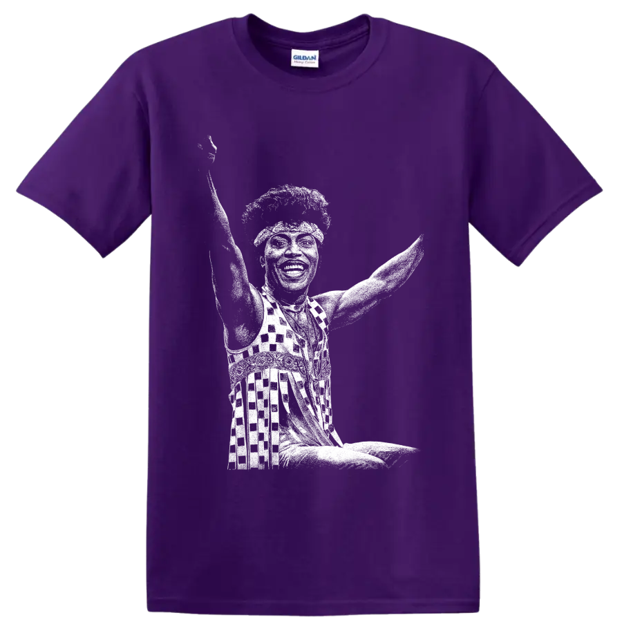 White Little Richard piano performance silhouette in bold high-contrast graphic style on a Purple T Shirt
