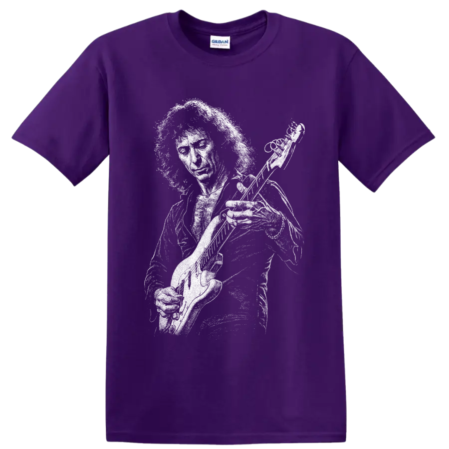 High-contrast Ritchie Blackmore guitarist portrait with electric guitar on a Purple T Shirt