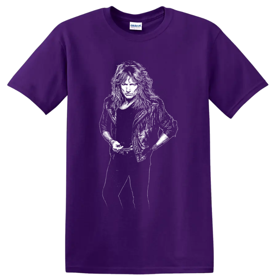 High-contrast monochrome portrait of David Coverdale performing on a Purple T Shirt