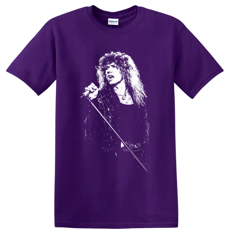 High-contrast David Coverdale portrait in a dramatic monochrome rock art style on a Purple T Shirt