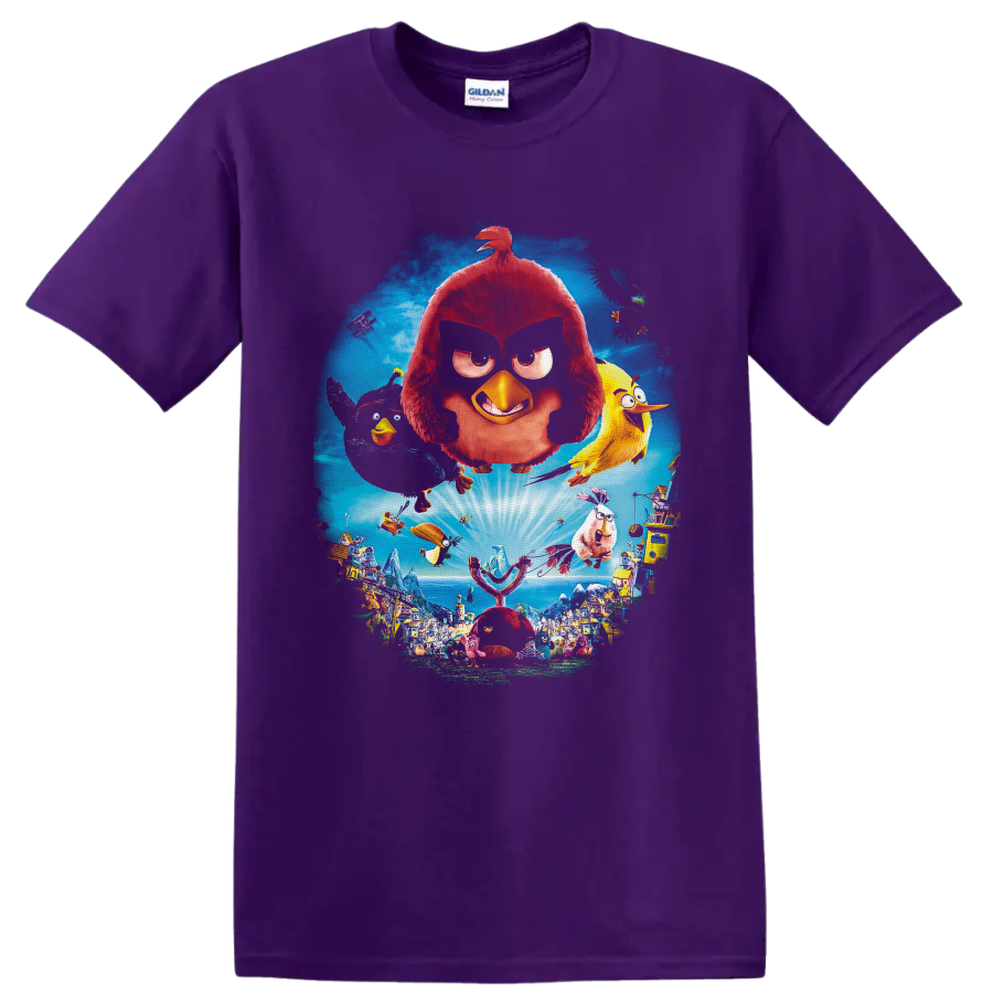 Angry Birds island adventure with flying birds, giant slingshot, and colorful village on a Purple T Shirt