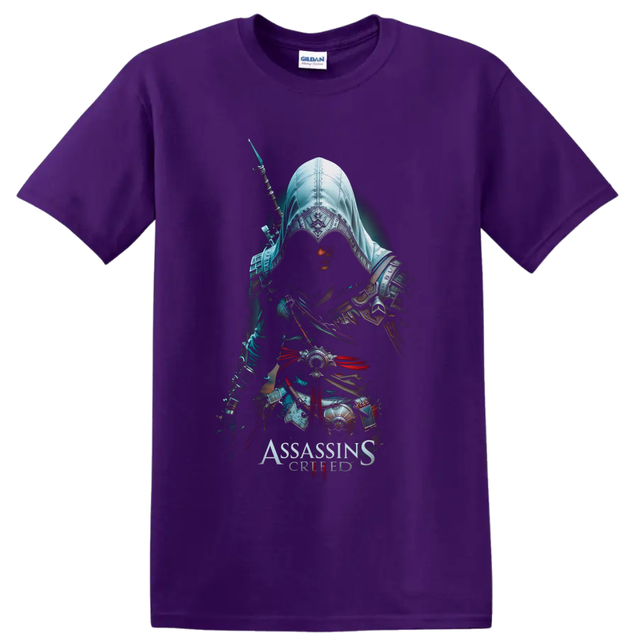 Assassin's Creed hooded Assassin warrior with ornate armor, sword, and red sash on a Purple T Shirt