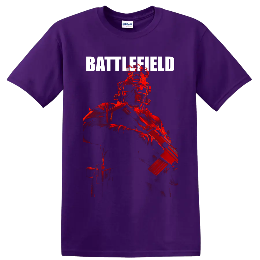Red tactical Battlefield Soldier illustration with goggles, helmet gear, and rifle on a Purple T Shirt