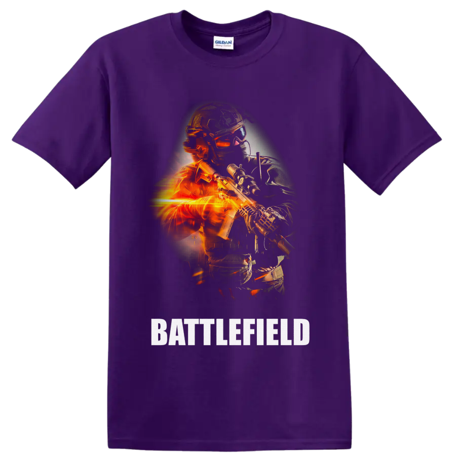 Battlefield Soldier with futuristic rifle, orange fire effects, and BATTLEFIELD text on a Purple T Shirt
