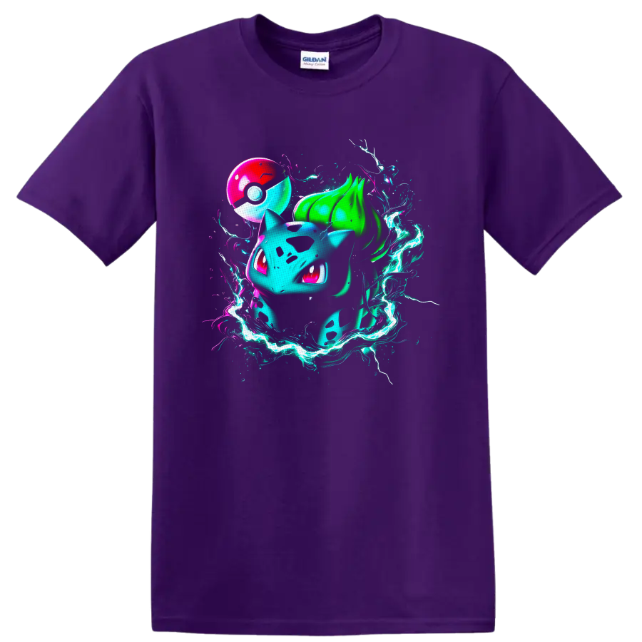 Neon Bulbasaur with glowing energy ribbons and a red-and-white orb on a Purple T Shirt