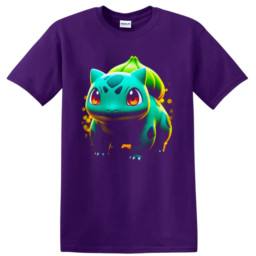 Bulbasaur Pokémon glowing seed creature portrait with leafy bulb and golden speckles on a Purple T Shirt