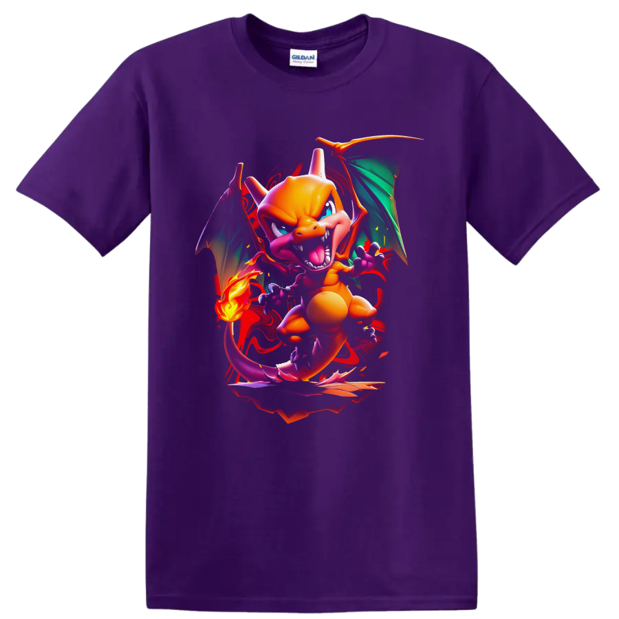 Charizard Pokémon neon fire dragon with teal wings, tail flame, and red paint splashes on a Purple T Shirt