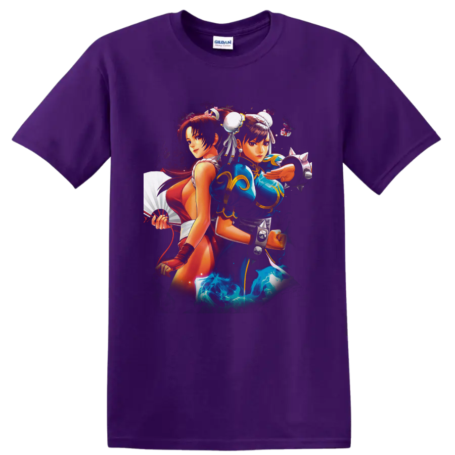 Chun-Li and Mai Shiranui anime-style fighting game duo with fan and energy effects on a Purple T Shirt