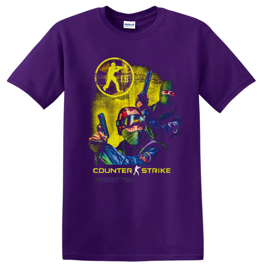 Counter-Strike 1.6 Counter-Terrorist operatives in distressed retro tactical action art on a Purple T Shirt