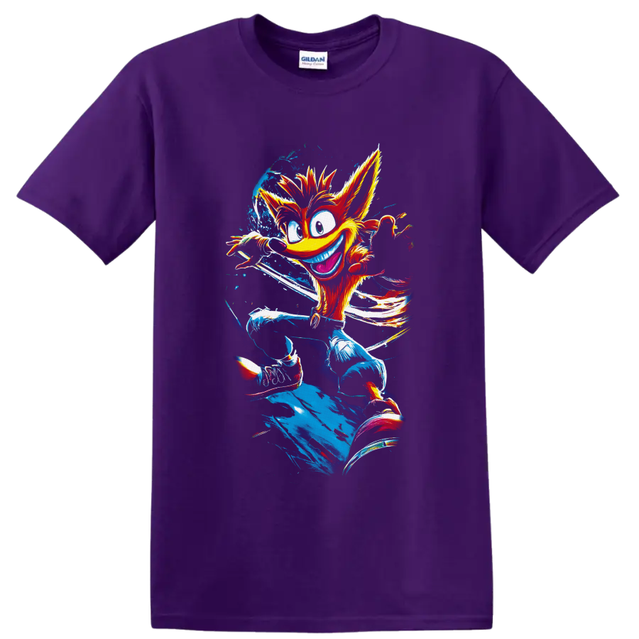 Crash Bandicoot running in colorful retro paint splatter illustration on a Purple T Shirt