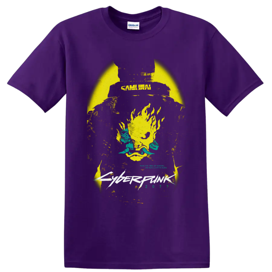 Cyberpunk 2077 Samurai flaming skull with teal flowers and distressed futuristic lettering on a Purple T Shirt