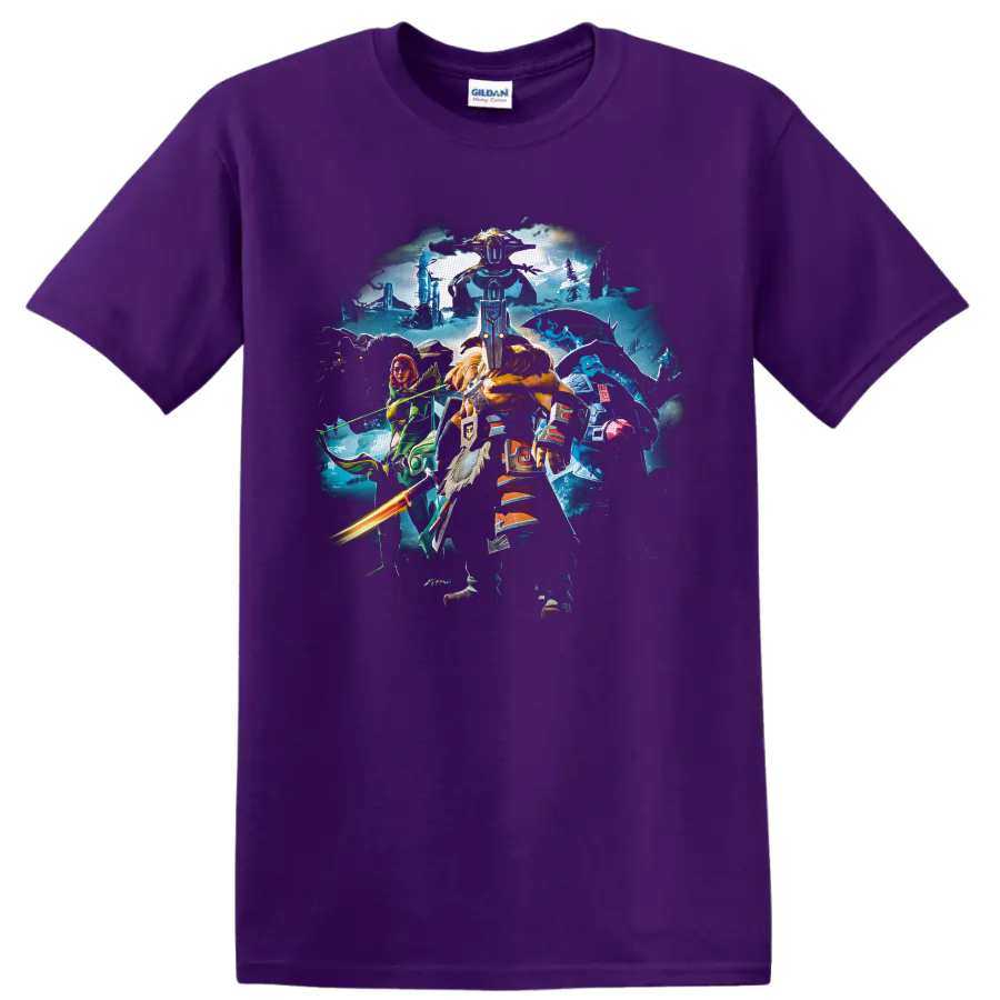 Dota 2 Juggernaut fantasy battle art with masked warrior, glowing sword, and heroes on a Purple T Shirt