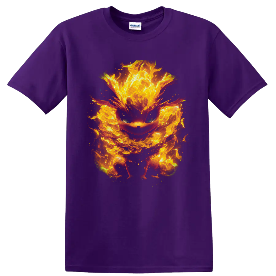 Eevee surrounded by glowing orange and yellow flames in a dramatic fantasy art style on a Purple T Shirt