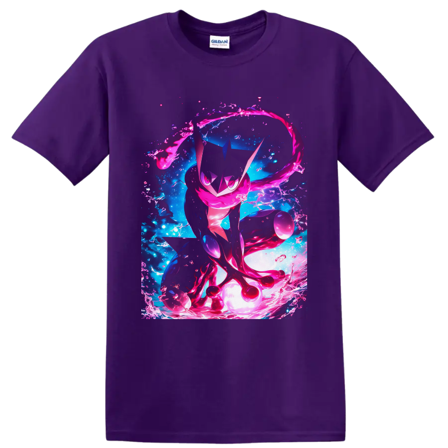 Greninja in neon pink water splashes with electric blue anime-style background on a Purple T Shirt