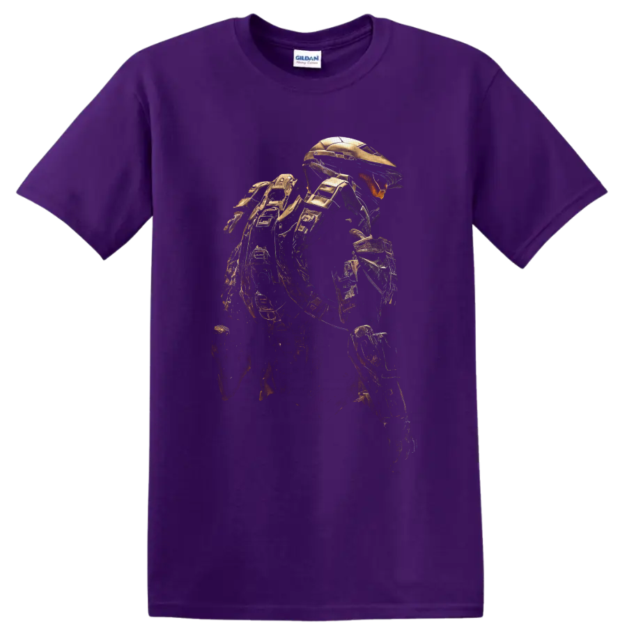 Halo Elite Warrior in detailed gold armor, crouched in a sci-fi gaming art pose on a Purple T Shirt