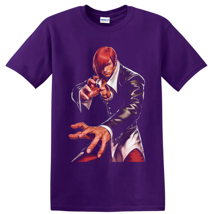 Iori Yagami red-haired fighter illustration from The King of Fighters on a Purple T Shirt
